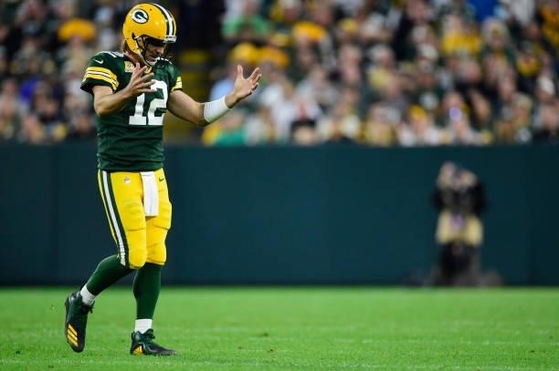 Aaron Rodgers of the Green Bay Packers reacts after an incomplete pass on a fourth down play during the fourth quarter against the Pittsburgh...