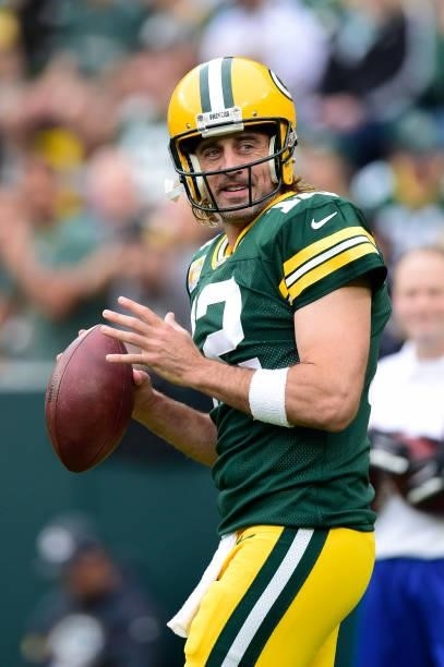 Aaron Rodgers of the Green Bay Packers on the field during pregame against the Pittsburgh Steelers at Lambeau Field on October 03, 2021 in Green Bay,...