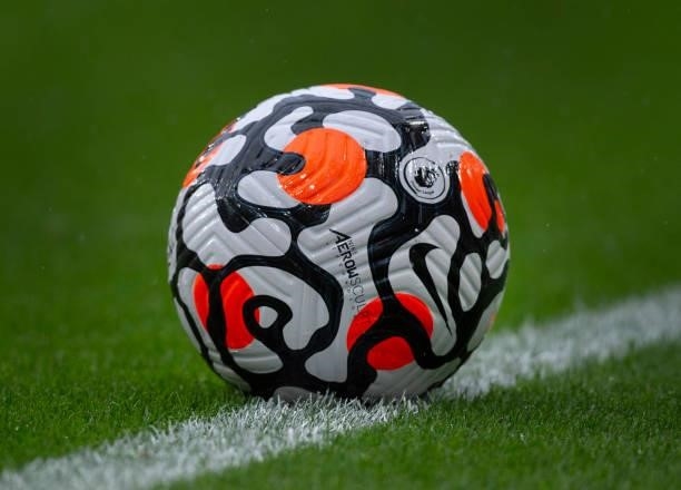 The official English Premier League Nike Aerowsculpt 2021/22 match ball before the Premier League match between Wolverhampton Wanderers and Newcastle...