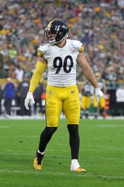 Watt of the Pittsburgh Steelers waits for a play during a game against the Green Bay Packers at Lambeau Field on October 03, 2021 in Green Bay,...