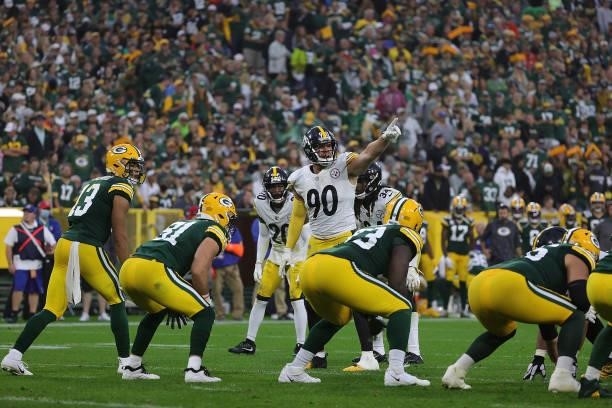 Watt of the Pittsburgh Steelers waits for a play during a game against the Green Bay Packers at Lambeau Field on October 03, 2021 in Green Bay,...