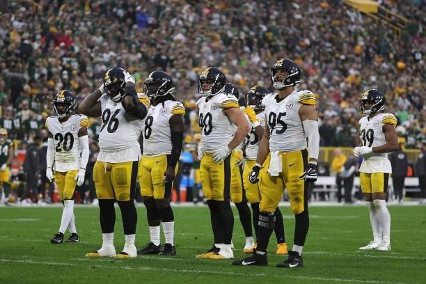 Members of the Pittsburgh Steelers defense wait for a play during a game against the Green Bay Packers at Lambeau Field on October 03, 2021 in Green...