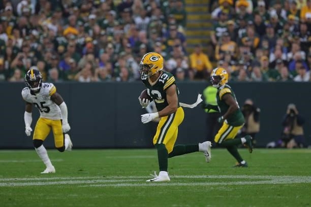 Allen Lazard of the Green Bay Packers runs for yards after a catch during a game against the Pittsburgh Steelers at Lambeau Field on October 03, 2021...