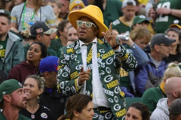 Fan of the Green Bay Packers cheers during a game against the Pittsburgh Steelers at Lambeau Field on October 03, 2021 in Green Bay, Wisconsin.
