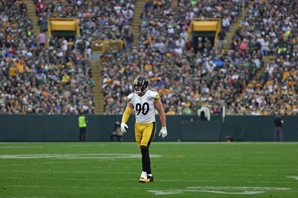 Watt of the Pittsburgh Steelers walks to the huddle during a game against the Green Bay Packers at Lambeau Field on October 03, 2021 in Green Bay,...