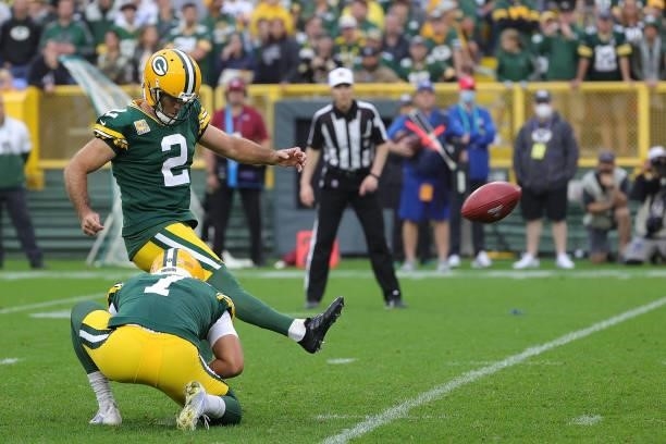 Mason Crosby of the Green Bay Packers kicks a field goal during a game against the Pittsburgh Steelers at Lambeau Field on October 03, 2021 in Green...