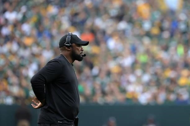 Head coach Mike Tomlin of the Pittsburgh Steelers watches action during a game against the Green Bay Packers at Lambeau Field on October 03, 2021 in...