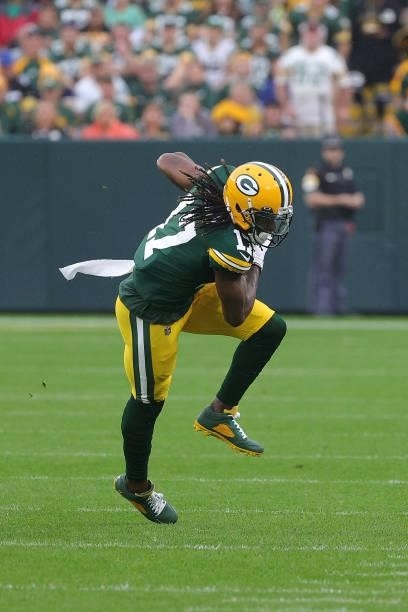 Davante Adams of the Green Bay Packers catches a pass during a game against the Pittsburgh Steelers at Lambeau Field on October 03, 2021 in Green...