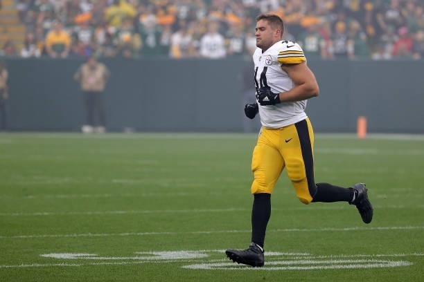 Derek Watt of the Pittsburgh Steelers walks to the sideline prior to a game against the Green Bay Packers at Lambeau Field on October 03, 2021 in...