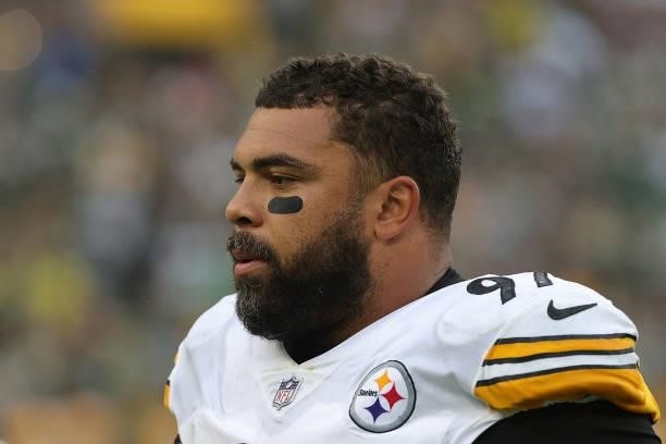 Cameron Heyward of the Pittsburgh Steelers walks to the sideline prior to a game against the Green Bay Packers at Lambeau Field on October 03, 2021...