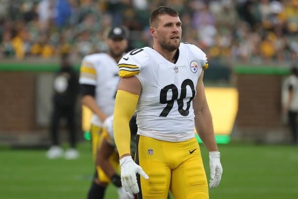 Watt of the Pittsburgh Steelers walks to the sideline prior to a game against the Green Bay Packers at Lambeau Field on October 03, 2021 in Green...