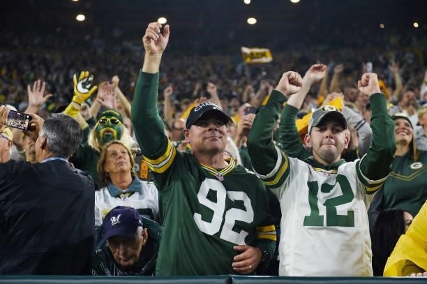 Green Bay Packers fans cheer in the second half against the Pittsburgh Steelers at Lambeau Field on October 03, 2021 in Green Bay, Wisconsin.