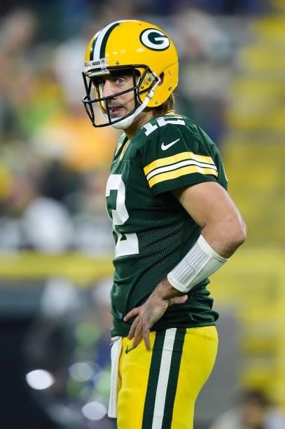 Aaron Rodgers of the Green Bay Packers reacts in the second half against the Pittsburgh Steelers at Lambeau Field on October 03, 2021 in Green Bay,...