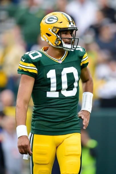 Jordan Love of the Green Bay Packers looks on during pregame against the Pittsburgh Steelers at Lambeau Field on October 03, 2021 in Green Bay,...