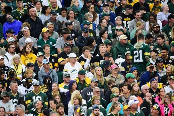 Fans sit in the stands in the first half during a game between the Green Bay Packers and Pittsburgh Steelers at Lambeau Field on October 03, 2021 in...