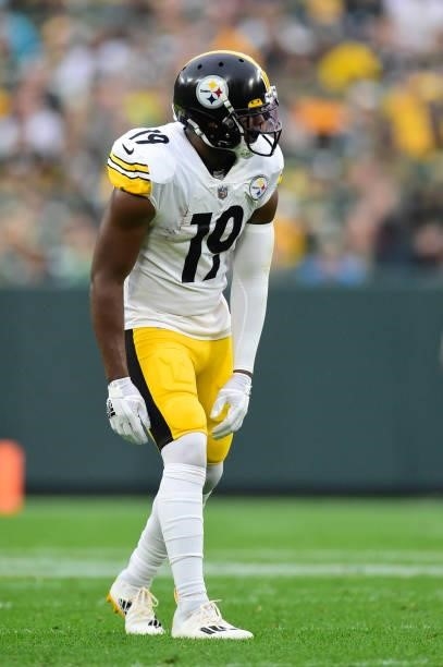 JuJu Smith-Schuster of the Pittsburgh Steelers in action against the Green Bay Packers in the first half at Lambeau Field on October 03, 2021 in...