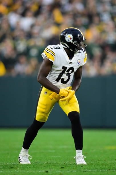 James Washington of the Pittsburgh Steelers in action against the Green Bay Packers in the second half at Lambeau Field on October 03, 2021 in Green...