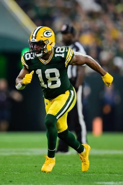 Randall Cobb of the Green Bay Packers in action against the Pittsburgh Steelers in the second half at Lambeau Field on October 03, 2021 in Green Bay,...