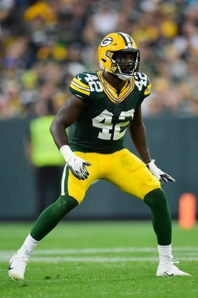 Oren Burks of the Green Bay Packers in action against the Pittsburgh Steelers at Lambeau Field on October 03, 2021 in Green Bay, Wisconsin.