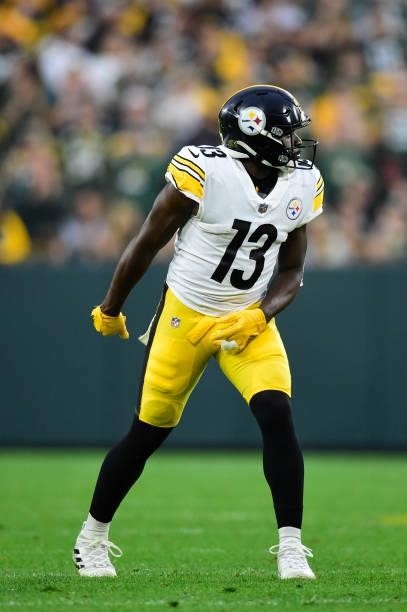 James Washington of the Pittsburgh Steelers in action against the Green Bay Packers in the second half at Lambeau Field on October 03, 2021 in Green...