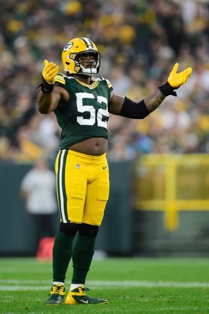 Rashan Gary of the Green Bay Packers reacts against the Pittsburgh Steelers in the second half at Lambeau Field on October 03, 2021 in Green Bay,...