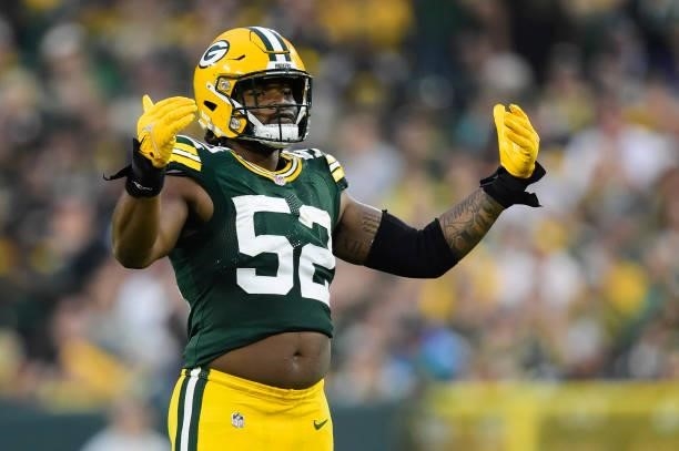 Rashan Gary of the Green Bay Packers reacts against the Pittsburgh Steelers in the second half at Lambeau Field on October 03, 2021 in Green Bay,...