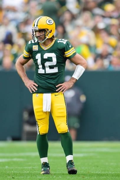 Aaron Rodgers of the Green Bay Packers reacts after a play in the first half against the Pittsburgh Steelers at Lambeau Field on October 03, 2021 in...