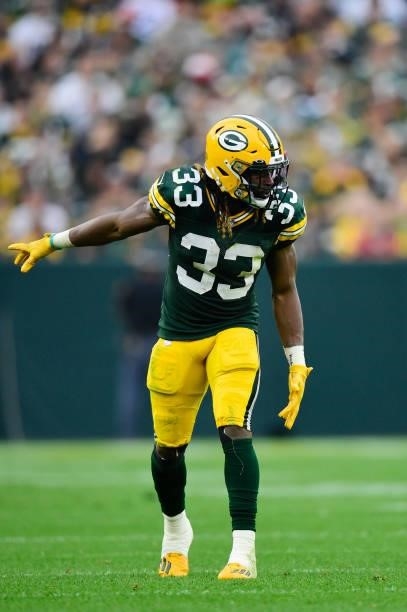 Aaron Jones of the Green Bay Packers in action against the Pittsburgh Steelers in the second half at Lambeau Field on October 03, 2021 in Green Bay,...