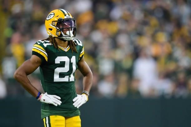 Eric Stokes of the Green Bay Packers looks on in the second half against the Pittsburgh Steelers at Lambeau Field on October 03, 2021 in Green Bay,...