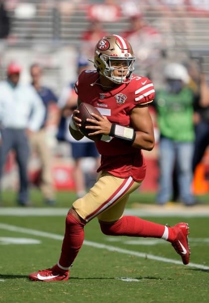 Trey Lance of the San Francisco 49ers drops back to pass during the third quarter against the Seattle Seahawks at Levi's Stadium on October 03, 2021...