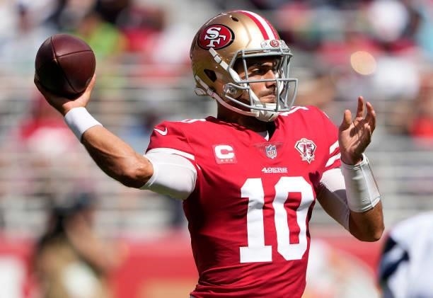 Jimmy Garoppolo of the San Francisco 49ers looks to throw a pass during the second quarter against the Seattle Seahawks at Levi's Stadium on October...