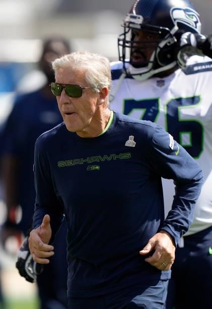 Head coach Pete Carroll of the Seattle Seahawks on the field during pregame against the San Francisco 49ers at Levi's Stadium on October 03, 2021 in...
