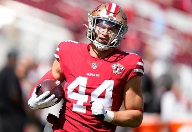 Kyle Juszczyk of the San Francisco 49ers warms up during pregame prior to the start of the game against the Seattle Seahawks at Levi's Stadium on...