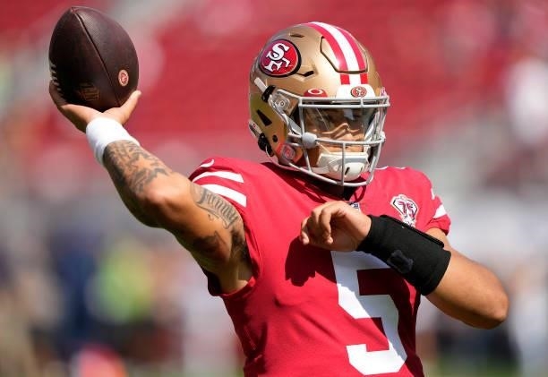 Trey Lance of the San Francisco 49ers warms up during pregame prior to the start of the game against the Seattle Seahawks at Levi's Stadium on...