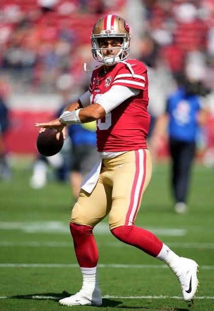 Jimmy Garoppolo of the San Francisco 49ers warms up during pregame prior to the start of the game against the Seattle Seahawks at Levi's Stadium on...