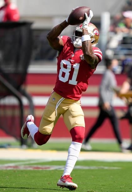 Trent Sherfield of the San Francisco 49ers warms up during pregame prior to the start of the game against the Seattle Seahawks at Levi's Stadium on...