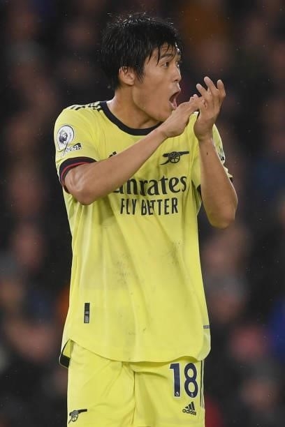 Takehiro Tomiyasu of Arsenal reacts during the Premier League match between Brighton & Hove Albion and Arsenal at American Express Community Stadium...