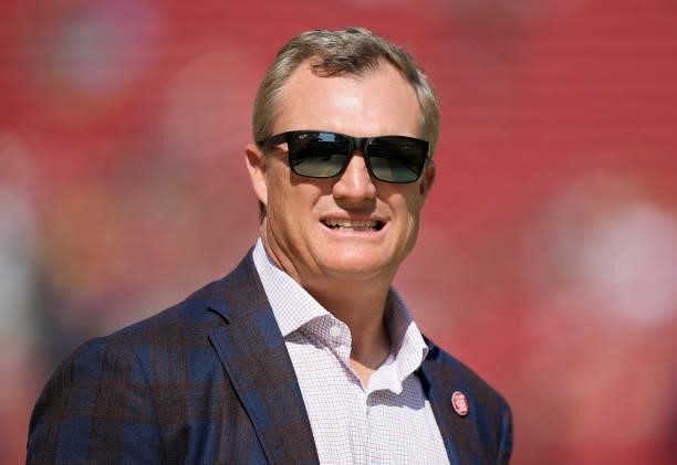 John Lynch General Manager of the San Francisco 49ers looks on during pregame against the Seattle Seahawks at Levi's Stadium on October 03, 2021 in...