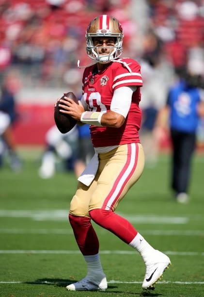 Jimmy Garoppolo of the San Francisco 49ers warms up during pregame prior to the start of the game against the Seattle Seahawks at Levi's Stadium on...