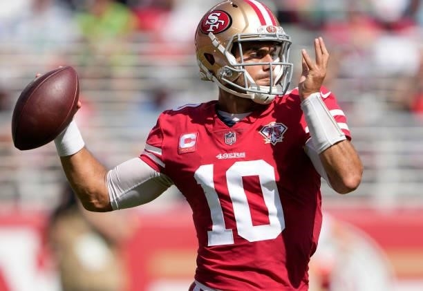 Jimmy Garoppolo of the San Francisco 49ers looks to throw a pass during the second quarter against the Seattle Seahawks at Levi's Stadium on October...