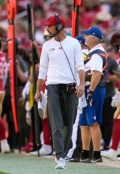 Head coach Kyle Shanahan of the San Francisco 49ers looks on from the sidelines during the second half against the Seattle Seahawks at Levi's Stadium...