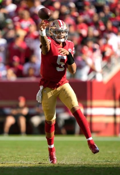 Trey Lance of the San Francisco 49ers throws a pass during the fourth quarter against the Seattle Seahawks at Levi's Stadium on October 03, 2021 in...