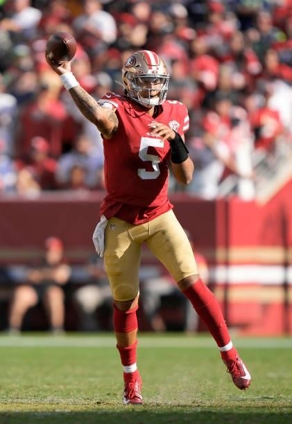 Trey Lance of the San Francisco 49ers throws a pass during the fourth quarter against the Seattle Seahawks at Levi's Stadium on October 03, 2021 in...