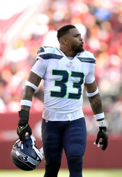 Jamal Adams of the Seattle Seahawks on the field during the second half against the San Francisco 49ers at Levi's Stadium on October 03, 2021 in...