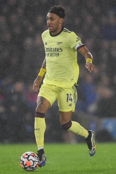 Pierre-Emerick Aubameyang of Arsenal runs with the ball during the Premier League match between Brighton & Hove Albion and Arsenal at American...
