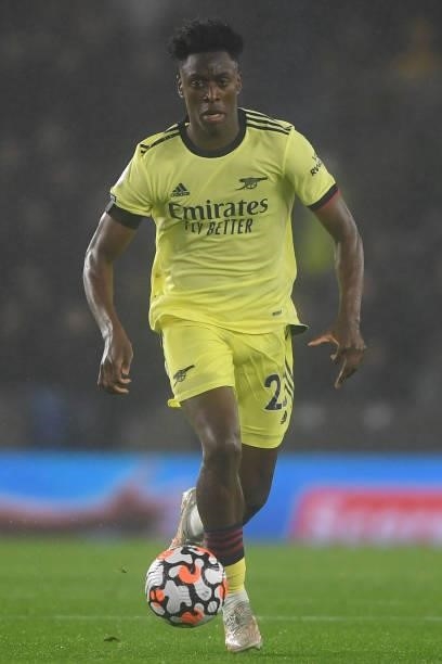 Albert Sambi Lokonga of Arsenal runs with the ball during the Premier League match between Brighton & Hove Albion and Arsenal at American Express...