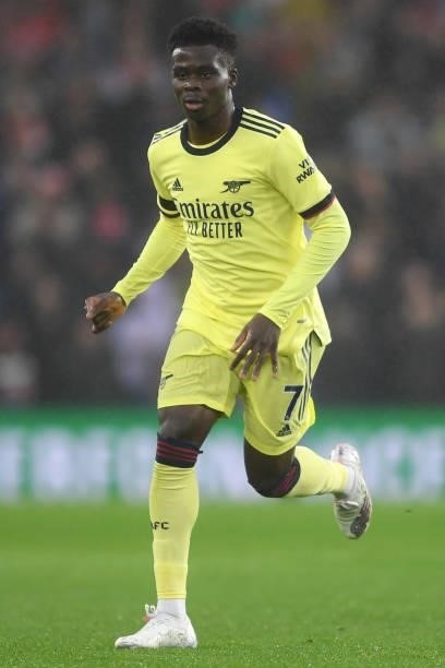 Bukayo Saka of Arsenal runs on during the Premier League match between Brighton & Hove Albion and Arsenal at American Express Community Stadium on...