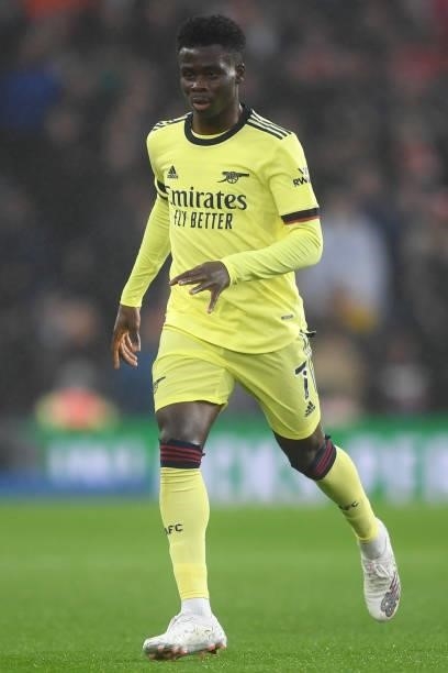 Bukayo Saka of Arsenal runs on during the Premier League match between Brighton & Hove Albion and Arsenal at American Express Community Stadium on...