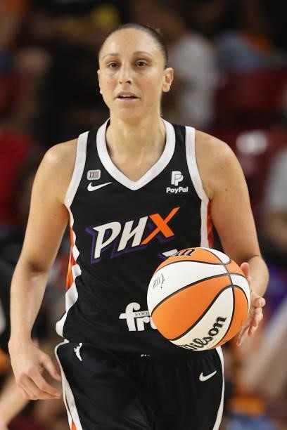 Diana Taurasi of the Phoenix Mercury handles the ball during Game Three of the 2021 WNBA semifinals at Desert Financial Arena on October 03, 2021 in...
