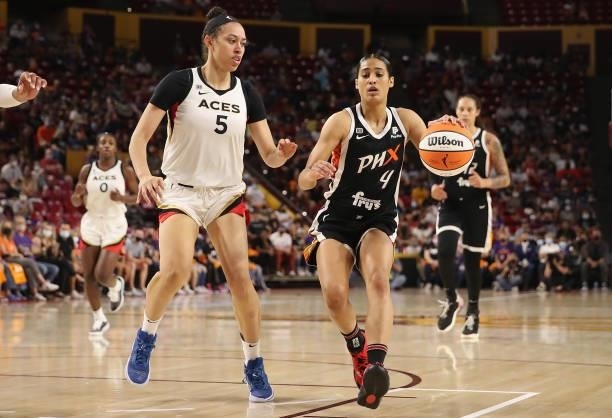 Skylar Diggins-Smith of the Phoenix Mercury handles the ball during Game Three of the 2021 WNBA semifinals at Desert Financial Arena on October 03,...